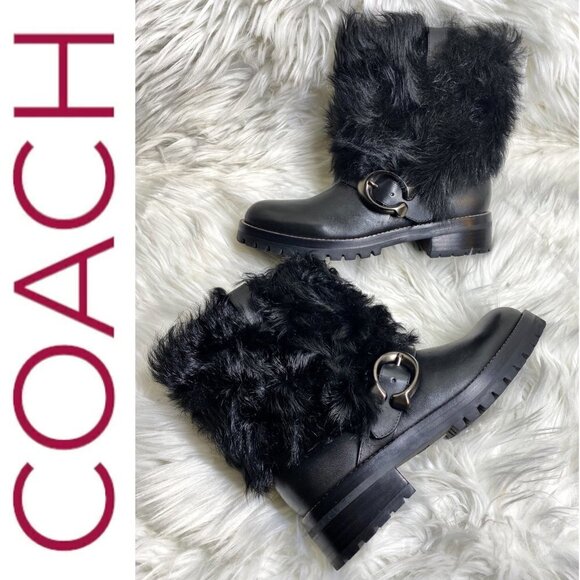 NWT COACH Leighton Shearling Lamb Fur Black Moto Boots, Size 6.5 (EU37) - Picture 2 of 13